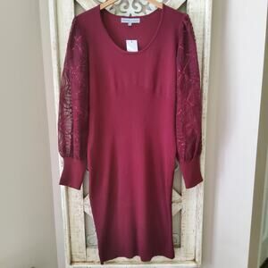Absolutely Famous Long Sleeve Balloon Lace Sequin Ribbed Knit Sweater Midi Dress